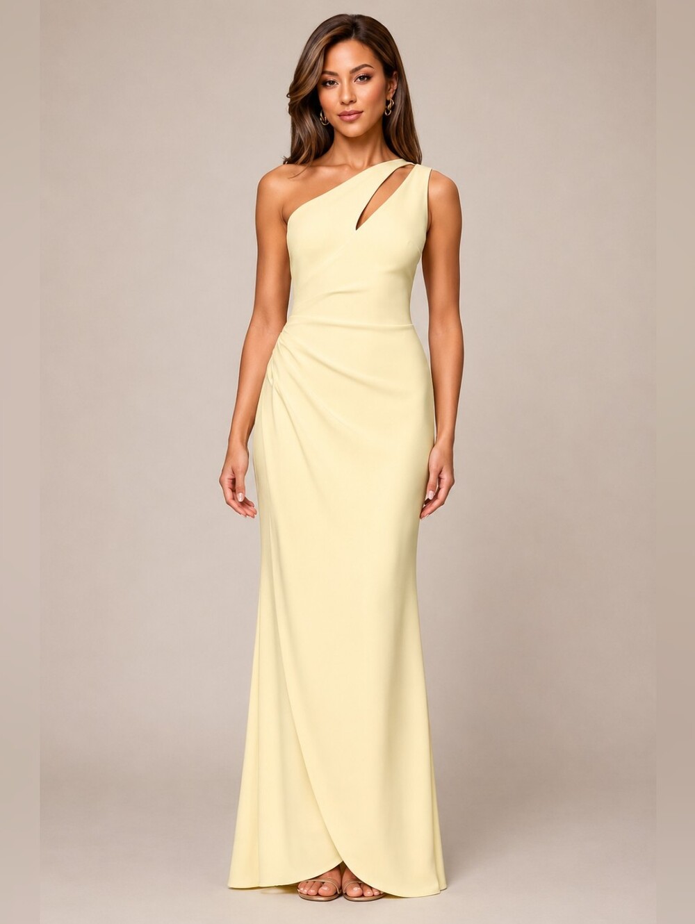 Betsy & Adam Soft Yellow One-Shoulder Evening Dress Ball Grown Size 14 Petite